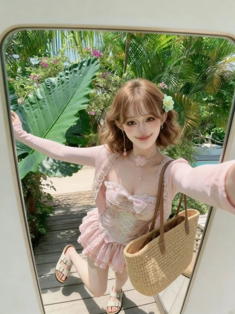 Y2k Japan Style Kawaii 3 Piece Skirt Sets Women 2000s Harajuku Vintage Sweet Suits Lolita Lace Bow Long Sleeve Matching Set Chic