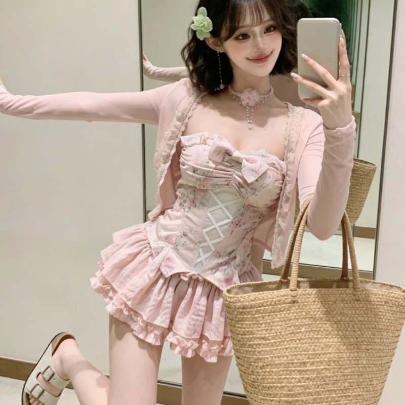 Y2k Japan Style Kawaii 3 Piece Skirt Sets Women 2000s Harajuku Vintage Sweet Suits Lolita Lace Bow Long Sleeve Matching Set Chic