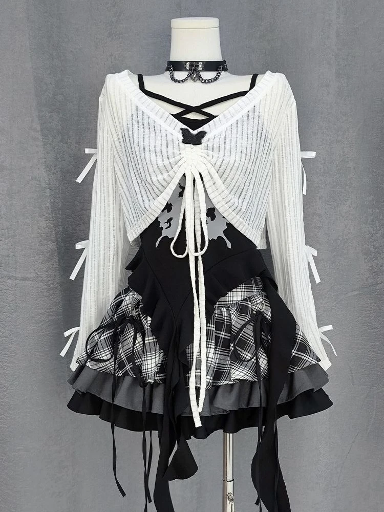 Y2k Japan Style Kawaii 3 Piece Skirt Sets Women 2000s Harajuku Vintage Sweet Suits Lolita Lace Bow Long Sleeve Matching Set Chic