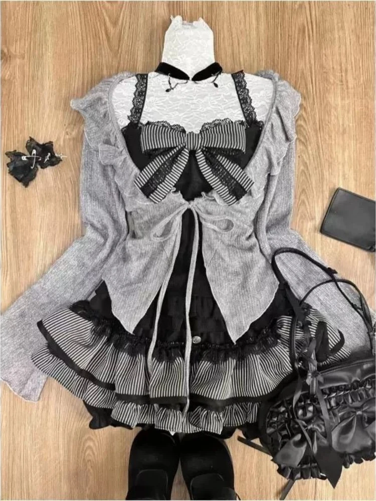 Y2k Japan Style Kawaii 3 Piece Skirt Sets Women 2000s Harajuku Vintage Sweet Suits Lolita Lace Bow Long Sleeve Matching Set Chic