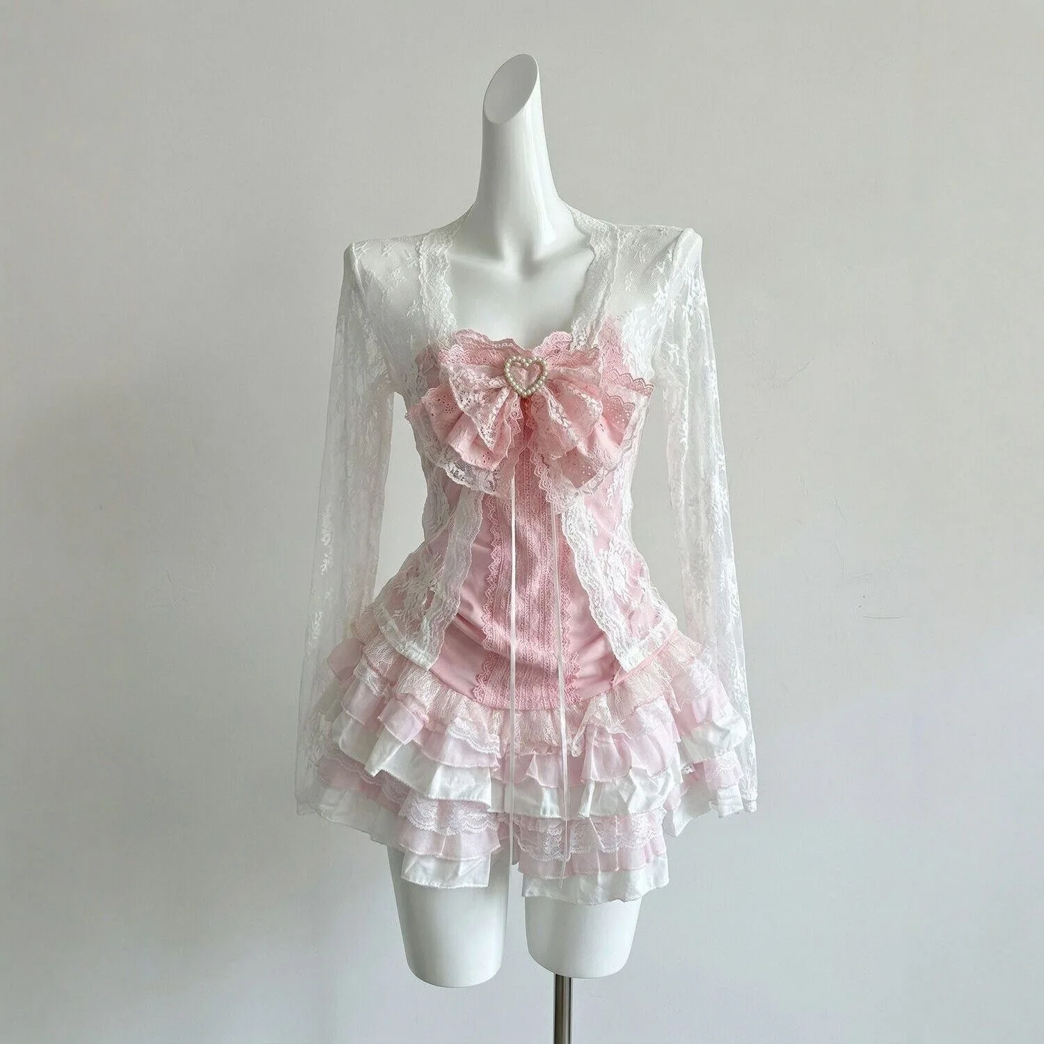 Y2k Japan Style Kawaii 3 Piece Skirt Sets Women 2000s Harajuku Vintage Sweet Suits Lolita Lace Bow Long Sleeve Matching Set Chic