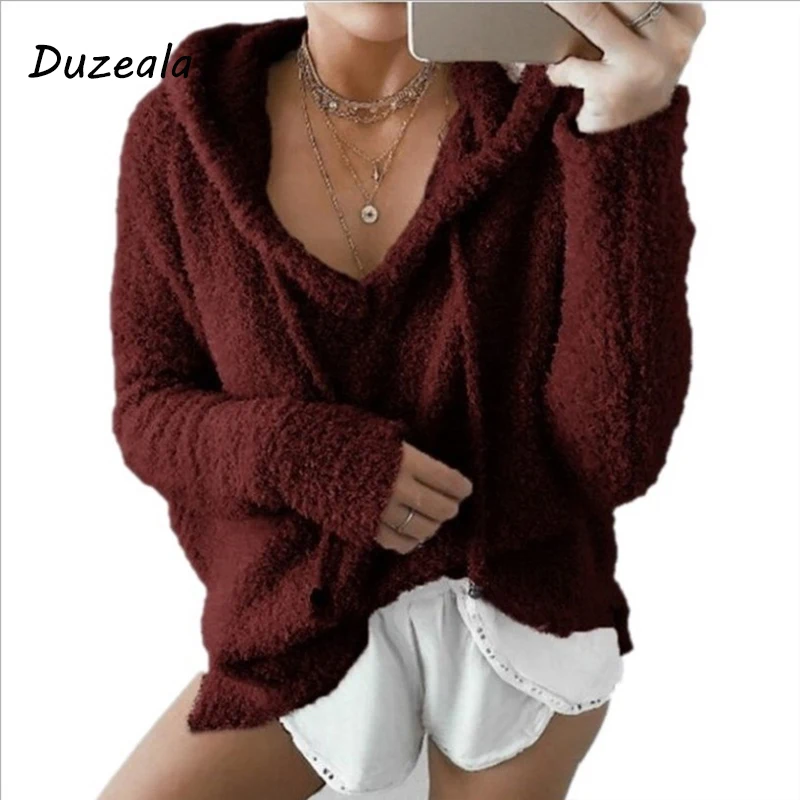 Customizable Autumn Top Women Casual Mohair Hooded Pullovers V Neck Fleece Sweater Fashion Sweet Loose Warm Winter Tops Pullover