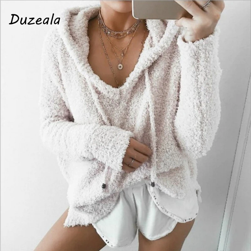 Customizable Autumn Top Women Casual Mohair Hooded Pullovers V Neck Fleece Sweater Fashion Sweet Loose Warm Winter Tops Pullover