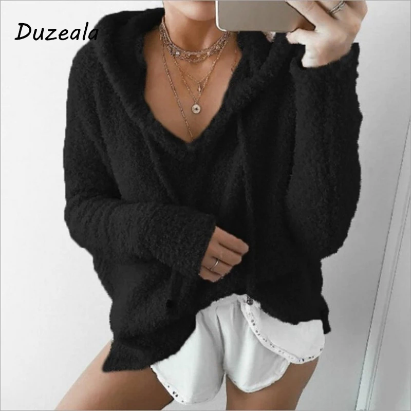 Customizable Autumn Top Women Casual Mohair Hooded Pullovers V Neck Fleece Sweater Fashion Sweet Loose Warm Winter Tops Pullover