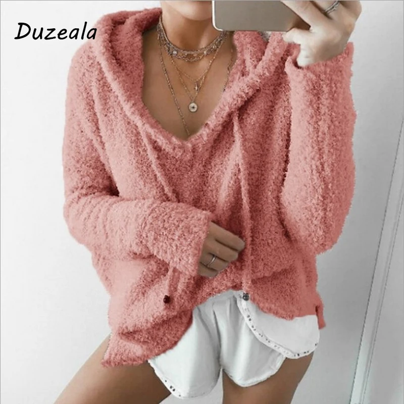Customizable Autumn Top Women Casual Mohair Hooded Pullovers V Neck Fleece Sweater Fashion Sweet Loose Warm Winter Tops Pullover