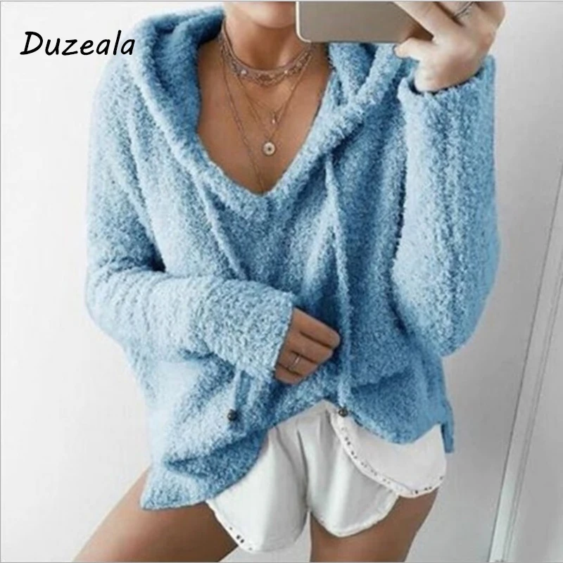 Customizable Autumn Top Women Casual Mohair Hooded Pullovers V Neck Fleece Sweater Fashion Sweet Loose Warm Winter Tops Pullover