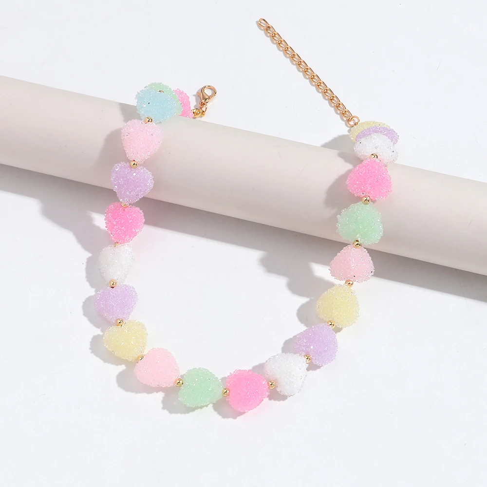 Sweet Candy Colored Resin Love Heart Choker Necklace for Women Cute Geometric Heart Shape Collar Necklace Summer Jewelry Gifts
