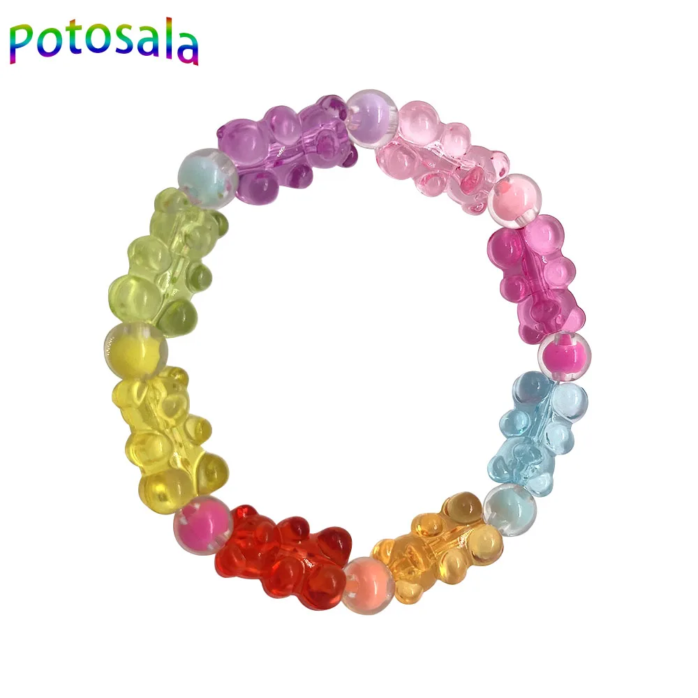 Potosala Cute Transparent Resin Bear Bracelet Cartoon Gummy Jelly Color For Women Handmade Beaded Bracelet Girls Jewelry Gifts