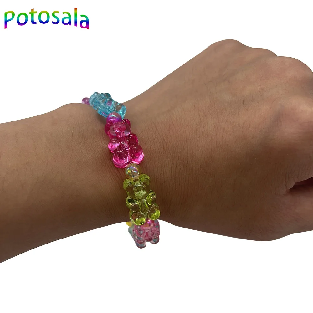 Potosala Cute Transparent Resin Bear Bracelet Cartoon Gummy Jelly Color For Women Handmade Beaded Bracelet Girls Jewelry Gifts