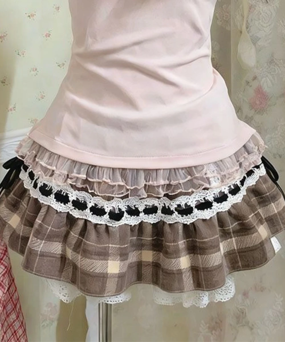 Vintage Sweet Chic Lolita 3 Piece Set Women Lace Cardigan + Camisole Top + Plaid Cake Mini Skirt Japanese Kawaii Fashion Outfit
