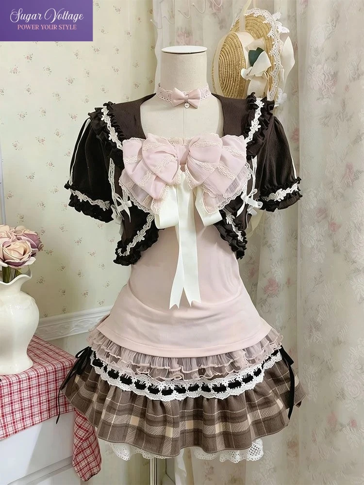 Vintage Sweet Chic Lolita 3 Piece Set Women Lace Cardigan + Camisole Top + Plaid Cake Mini Skirt Japanese Kawaii Fashion Outfit