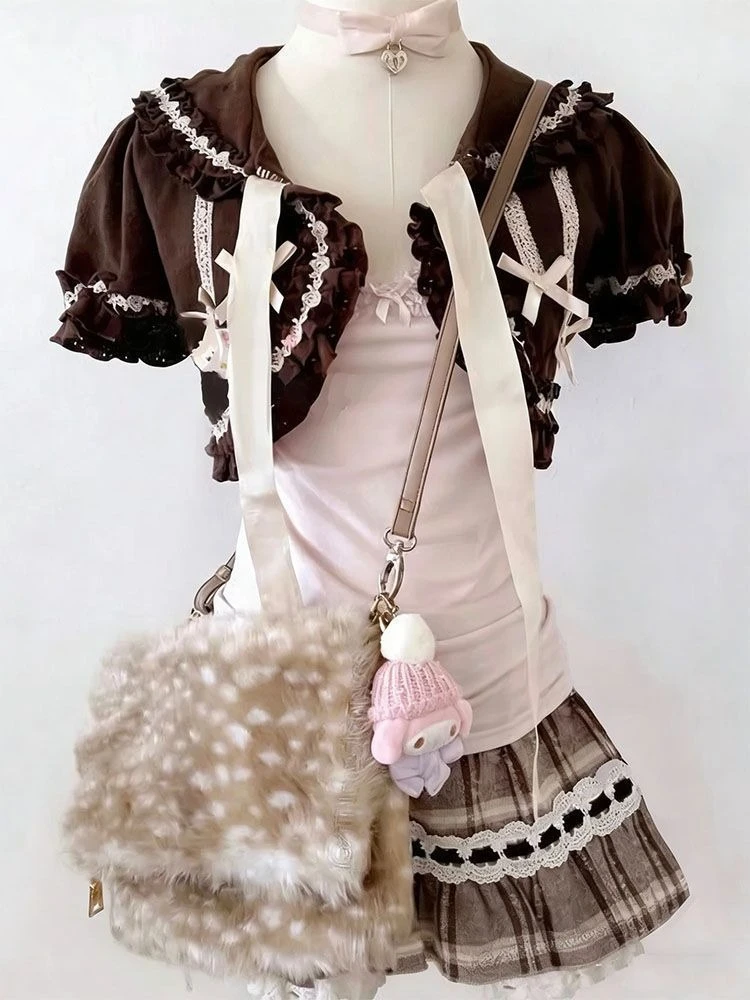 Vintage Sweet Chic Lolita 3 Piece Set Women Lace Cardigan + Camisole Top + Plaid Cake Mini Skirt Japanese Kawaii Fashion Outfit