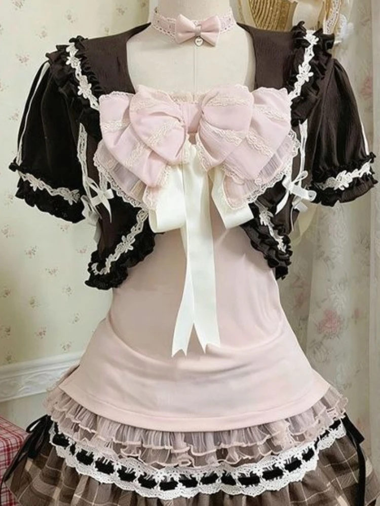 Vintage Sweet Chic Lolita 3 Piece Set Women Lace Cardigan + Camisole Top + Plaid Cake Mini Skirt Japanese Kawaii Fashion Outfit
