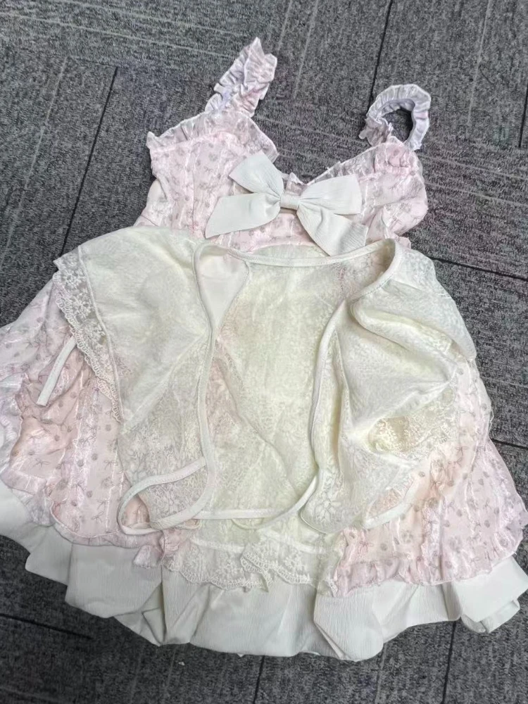 Japanese Kawaii Sweet Women Dress Sets Vintage Fairy Strap Design Short Dresses Harajuku Fashion Lace Female Casual Chic Outfits