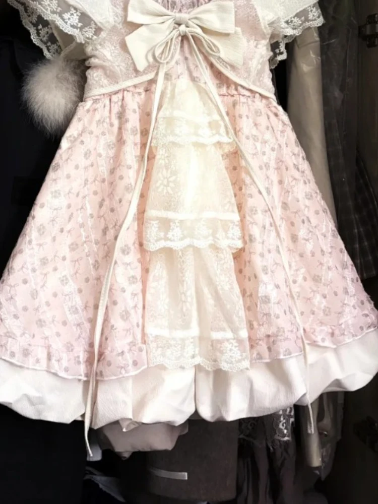 Japanese Kawaii Sweet Women Dress Sets Vintage Fairy Strap Design Short Dresses Harajuku Fashion Lace Female Casual Chic Outfits