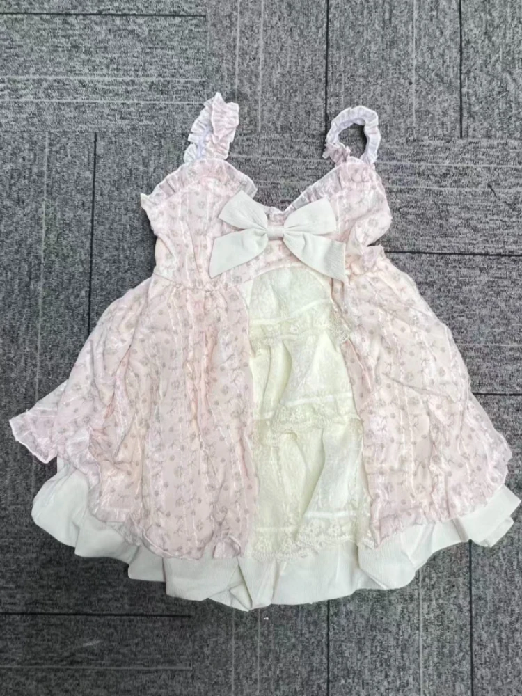 Japanese Kawaii Sweet Women Dress Sets Vintage Fairy Strap Design Short Dresses Harajuku Fashion Lace Female Casual Chic Outfits
