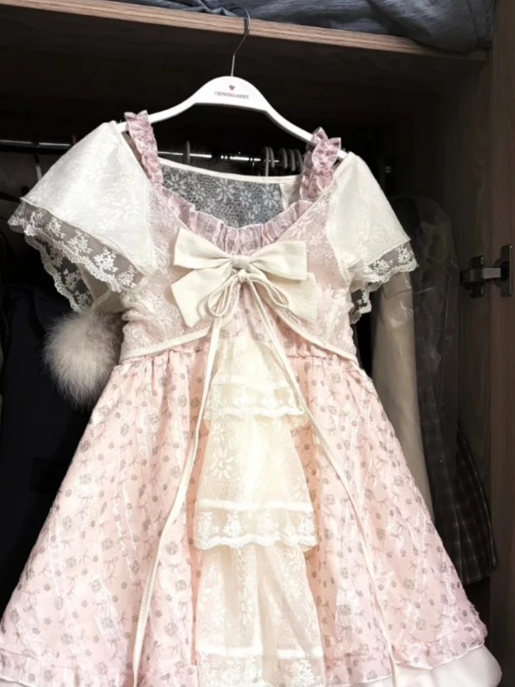 Japanese Kawaii Sweet Women Dress Sets Vintage Fairy Strap Design Short Dresses Harajuku Fashion Lace Female Casual Chic Outfits