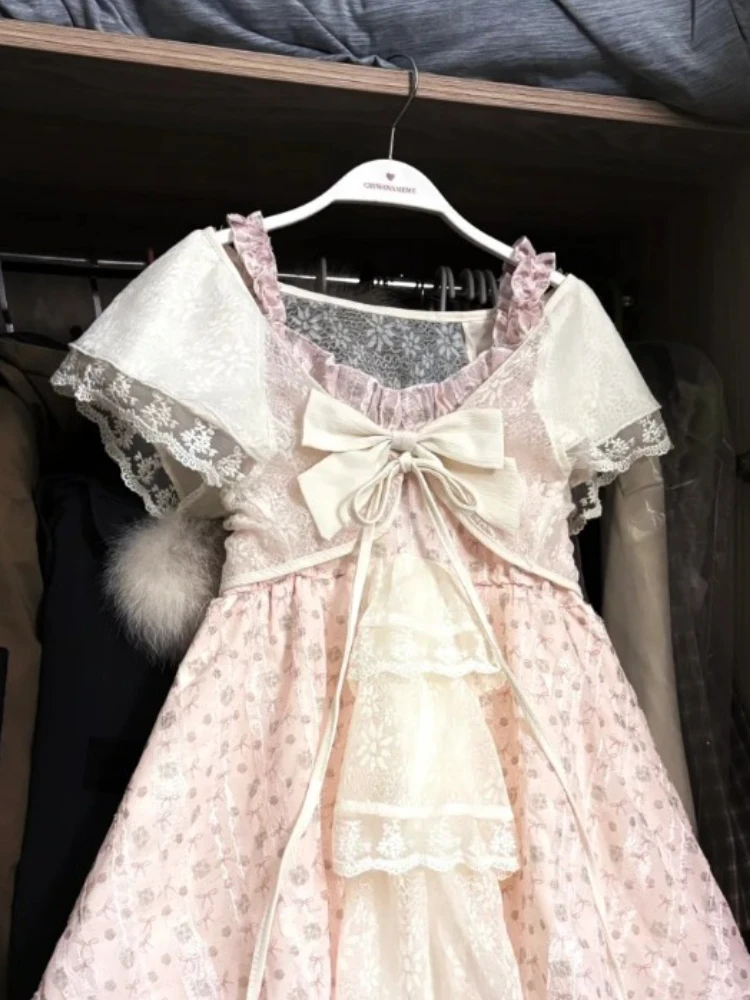 Japanese Kawaii Sweet Women Dress Sets Vintage Fairy Strap Design Short Dresses Harajuku Fashion Lace Female Casual Chic Outfits