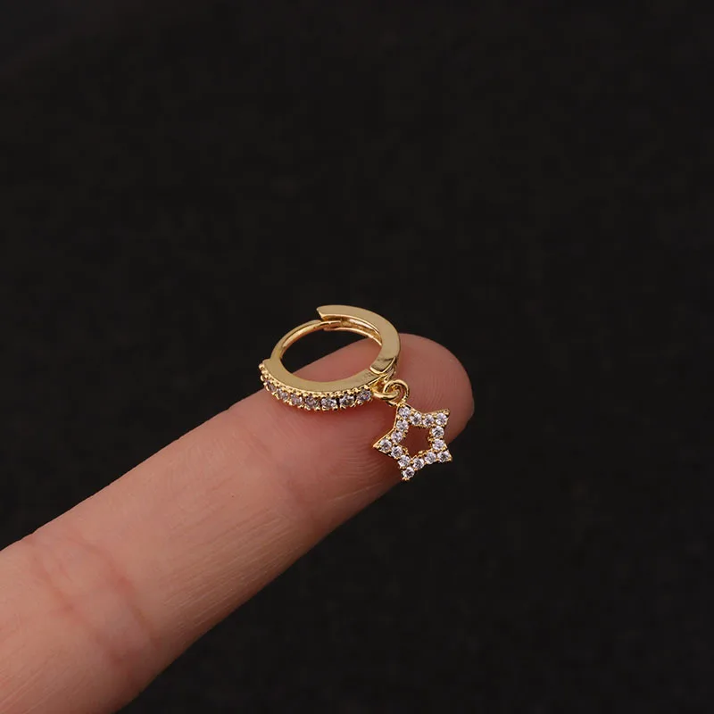 1PC Steel Dangle CZ Cartilage Hoop With Brass Crown Heart Pendant Rook Tragus Lobe Helix Lip Ear Piercings Gift Jewelry 20G