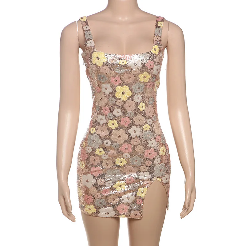 Townlike Floral Sequin Nightclub Sexy Party Dress Women Spaghetti Strap Mini 2025 Spring Summer Dress Slim Bodycon Dresses