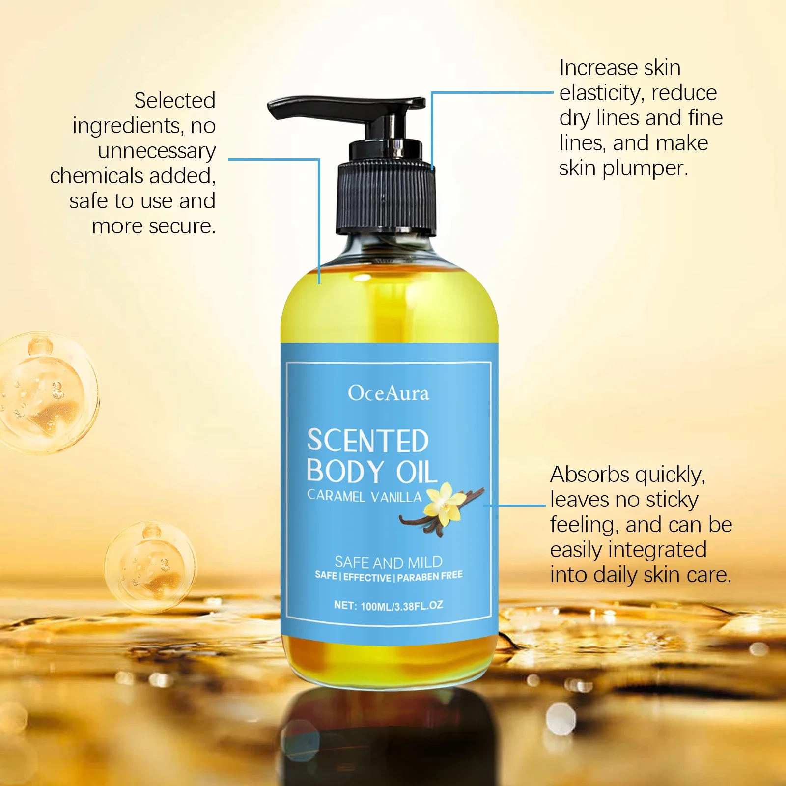 Caramel Vanilla Body Massage Oil Moisturizing Nourishing Smoothing Skin Care Relieve Stress Muscle Relaxing Body SPA Oils