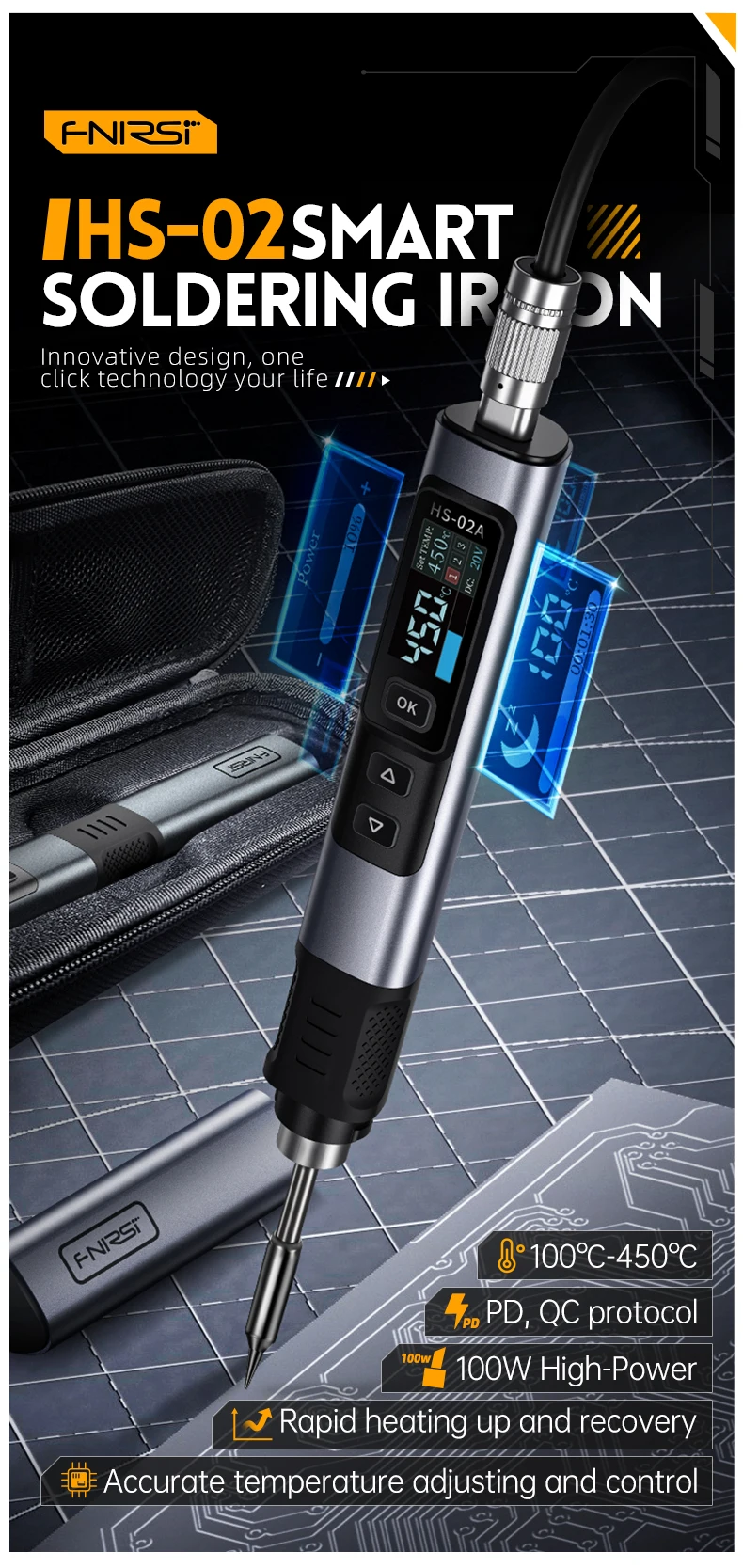FNIRSI HS-02 Smart Soldering Station 100W Electric Soldering Iron Adjustable Constant Temperature Fast Heat Solder Iron Kit