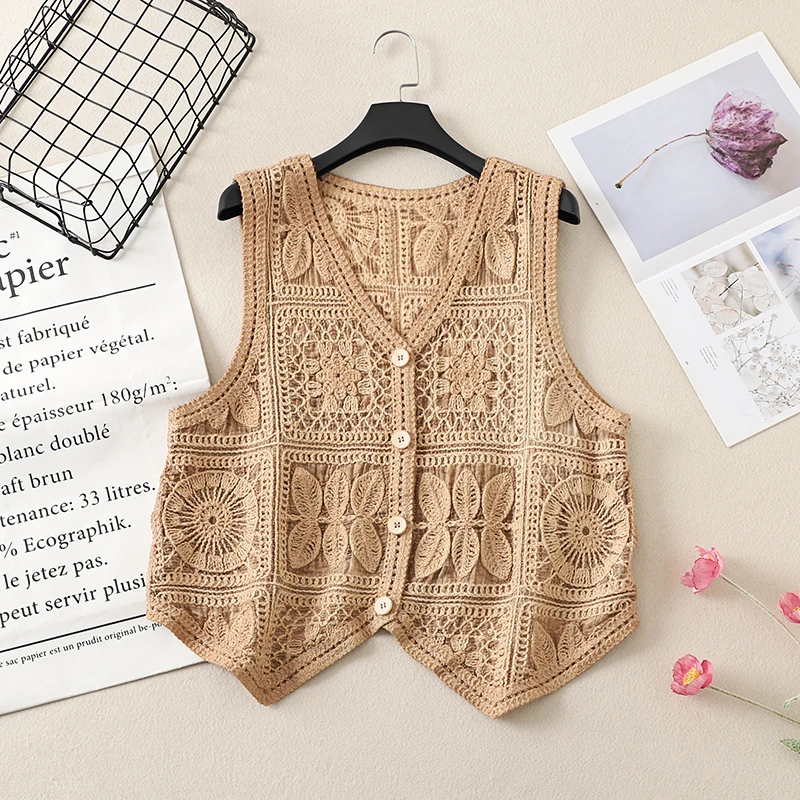 Women's Boho Style Crochet Lace Vest White Beige Green Purple Brown Sleeveless Summer Jackets Coat Hollow Out Knit Cover Ups Top