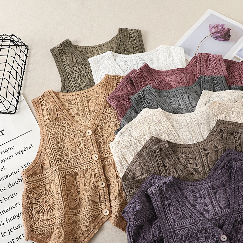 Women's Boho Style Crochet Lace Vest White Beige Green Purple Brown Sleeveless Summer Jackets Coat Hollow Out Knit Cover Ups Top