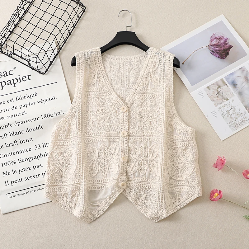 Women's Boho Style Crochet Lace Vest White Beige Green Purple Brown Sleeveless Summer Jackets Coat Hollow Out Knit Cover Ups Top