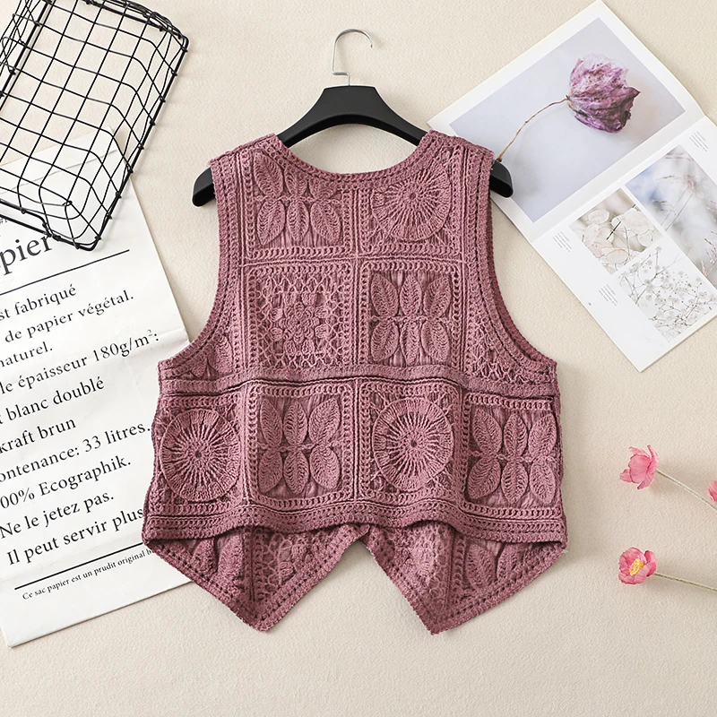 Women's Boho Style Crochet Lace Vest White Beige Green Purple Brown Sleeveless Summer Jackets Coat Hollow Out Knit Cover Ups Top