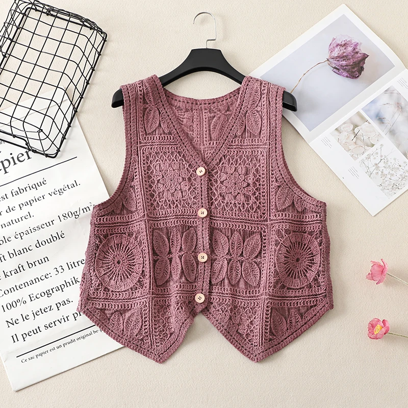 Women's Boho Style Crochet Lace Vest White Beige Green Purple Brown Sleeveless Summer Jackets Coat Hollow Out Knit Cover Ups Top