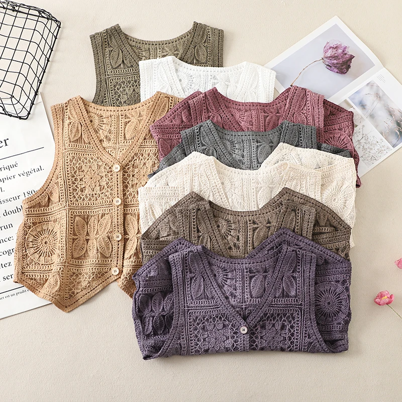 Women's Boho Style Crochet Lace Vest White Beige Green Purple Brown Sleeveless Summer Jackets Coat Hollow Out Knit Cover Ups Top