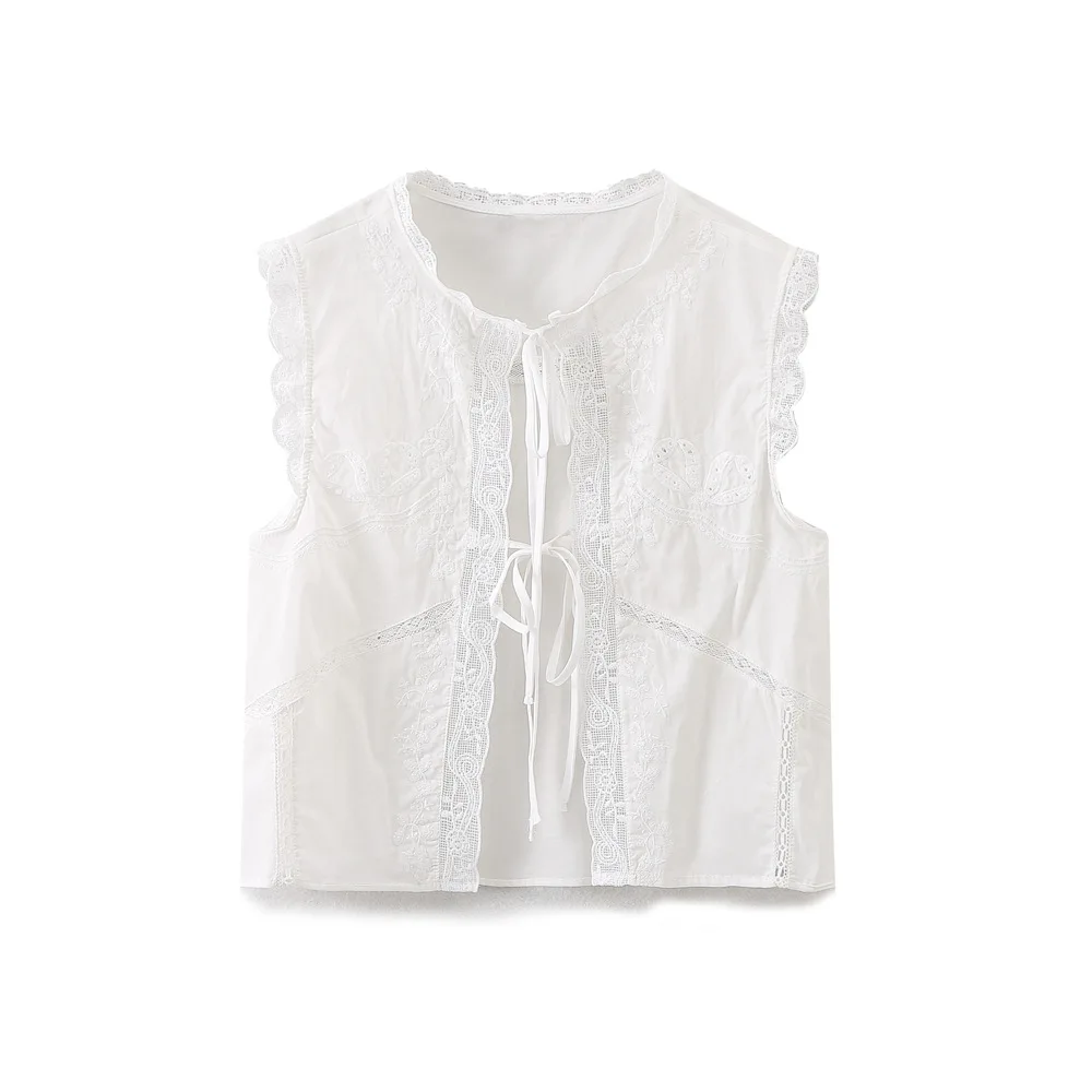Sleeveless Lace-up Summer Blouse Cotton Floral Embroidered lace Blouses Shirts Women Tops Vintage Boho Beach Wear Casual Blusas