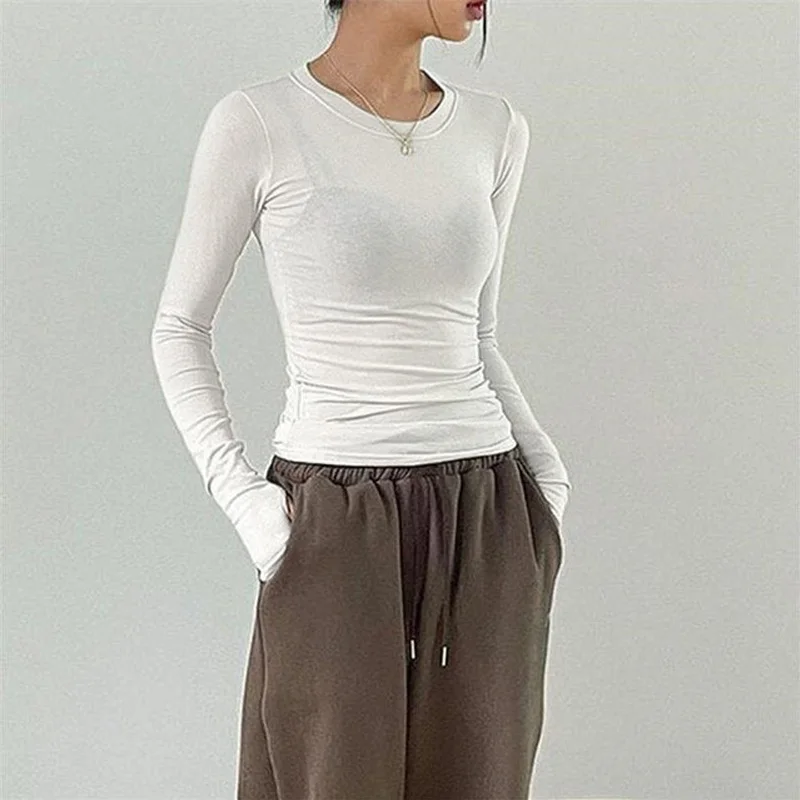 Women Casual Slim Fit Long Sleeve O-Neck T-shirts Tops Spring Fall Solid Color Tees with Thumb Holes Streetwear