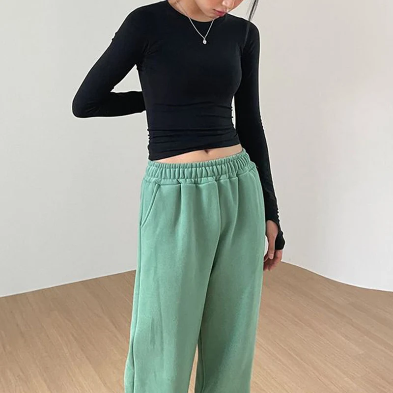Women Casual Slim Fit Long Sleeve O-Neck T-shirts Tops Spring Fall Solid Color Tees with Thumb Holes Streetwear