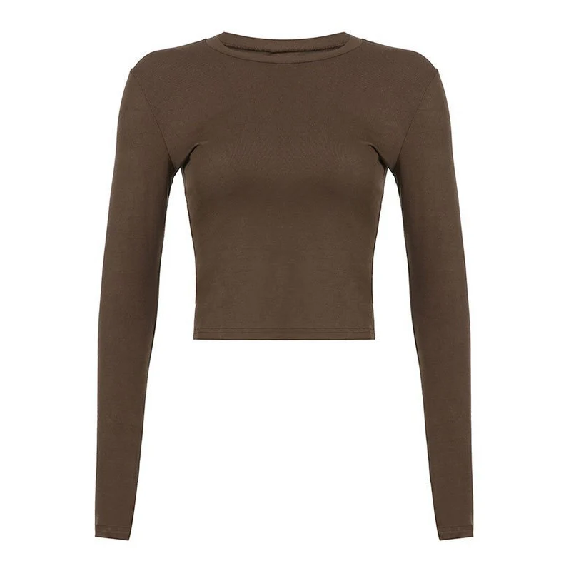 Women Casual Slim Fit Long Sleeve O-Neck T-shirts Tops Spring Fall Solid Color Tees with Thumb Holes Streetwear
