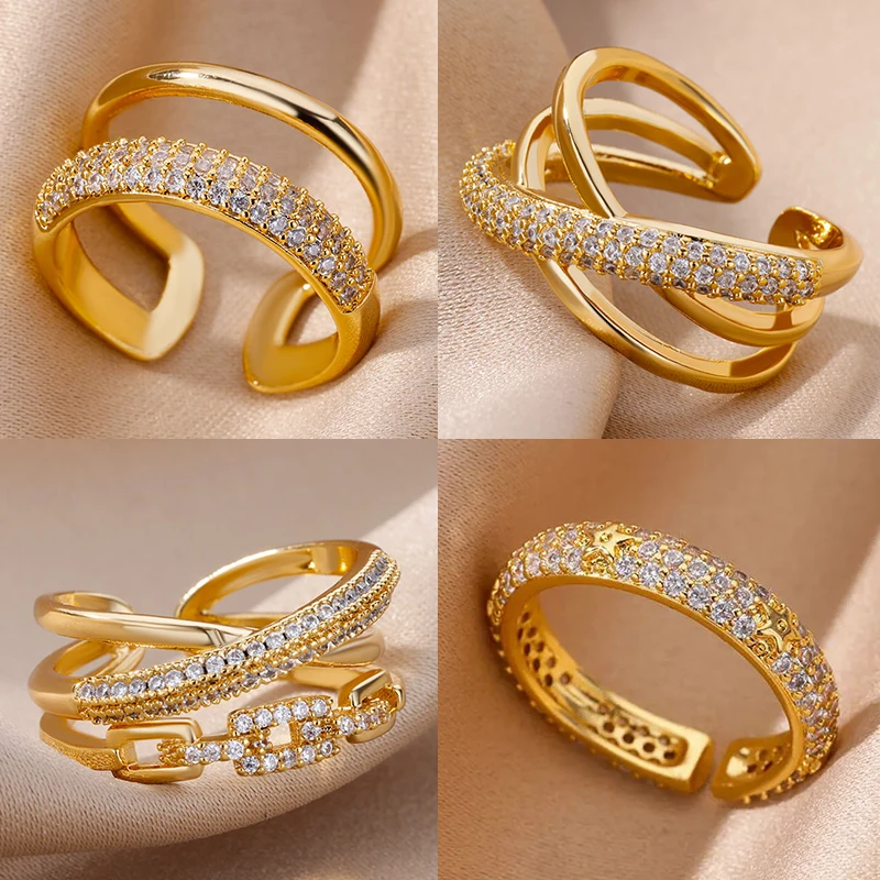 Vintage Geometric Zircon Rings for Women Stainless Steel Gold Color Punk Open Finger Ring Aesthetic Wedding Jewelry bague femme