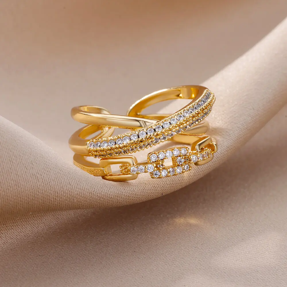 Vintage Geometric Zircon Rings for Women Stainless Steel Gold Color Punk Open Finger Ring Aesthetic Wedding Jewelry bague femme