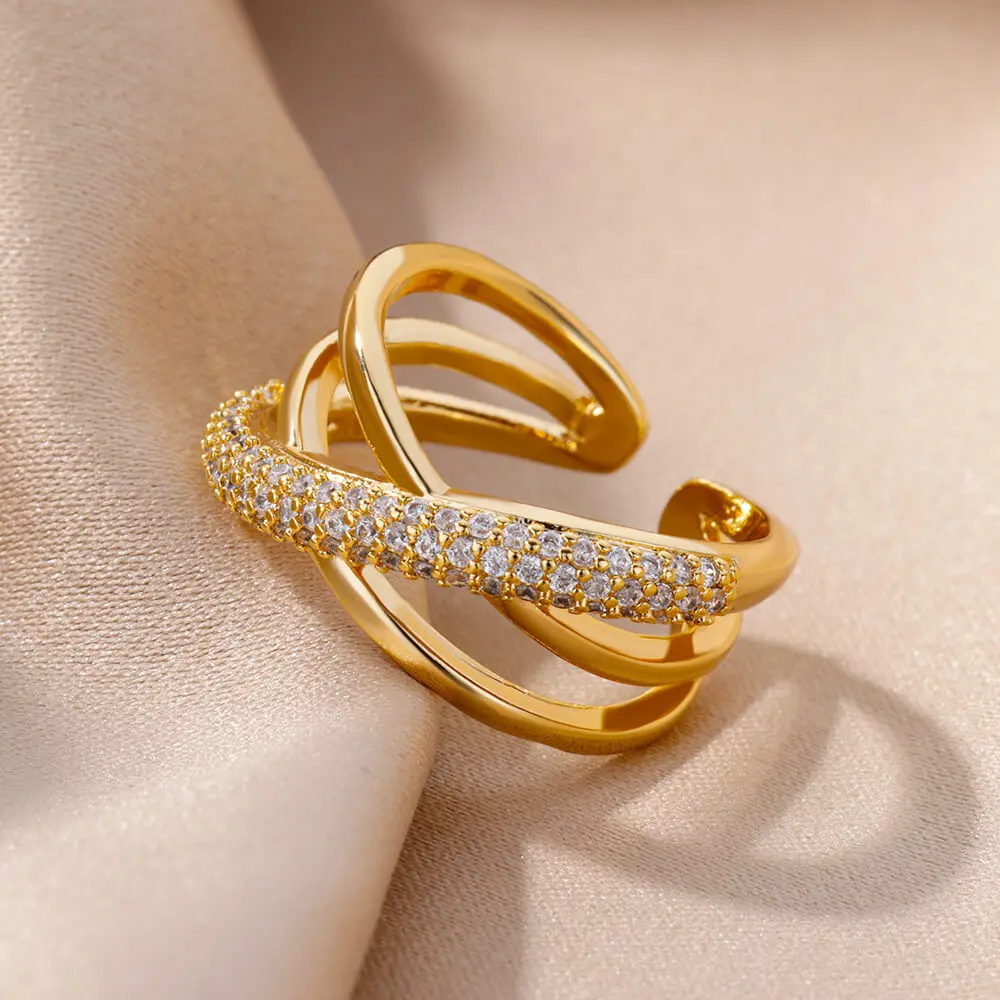 Vintage Geometric Zircon Rings for Women Stainless Steel Gold Color Punk Open Finger Ring Aesthetic Wedding Jewelry bague femme