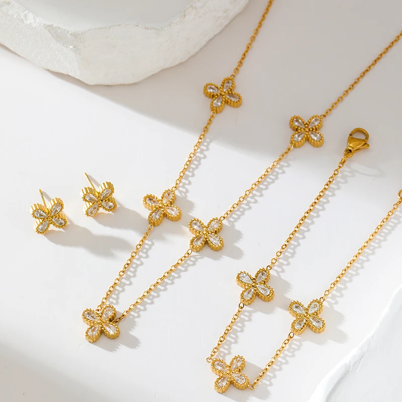 GANEMLY 316L Stainless Steel Flower Zirconia Bracelet Necklace Earrings Set Charm Metal Texture 18K Gold Plated Jewelry Women