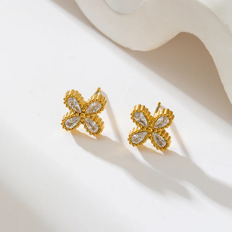 GANEMLY 316L Stainless Steel Flower Zirconia Bracelet Necklace Earrings Set Charm Metal Texture 18K Gold Plated Jewelry Women