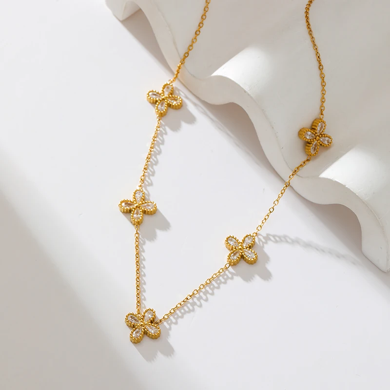 GANEMLY 316L Stainless Steel Flower Zirconia Bracelet Necklace Earrings Set Charm Metal Texture 18K Gold Plated Jewelry Women