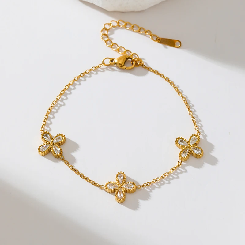 GANEMLY 316L Stainless Steel Flower Zirconia Bracelet Necklace Earrings Set Charm Metal Texture 18K Gold Plated Jewelry Women