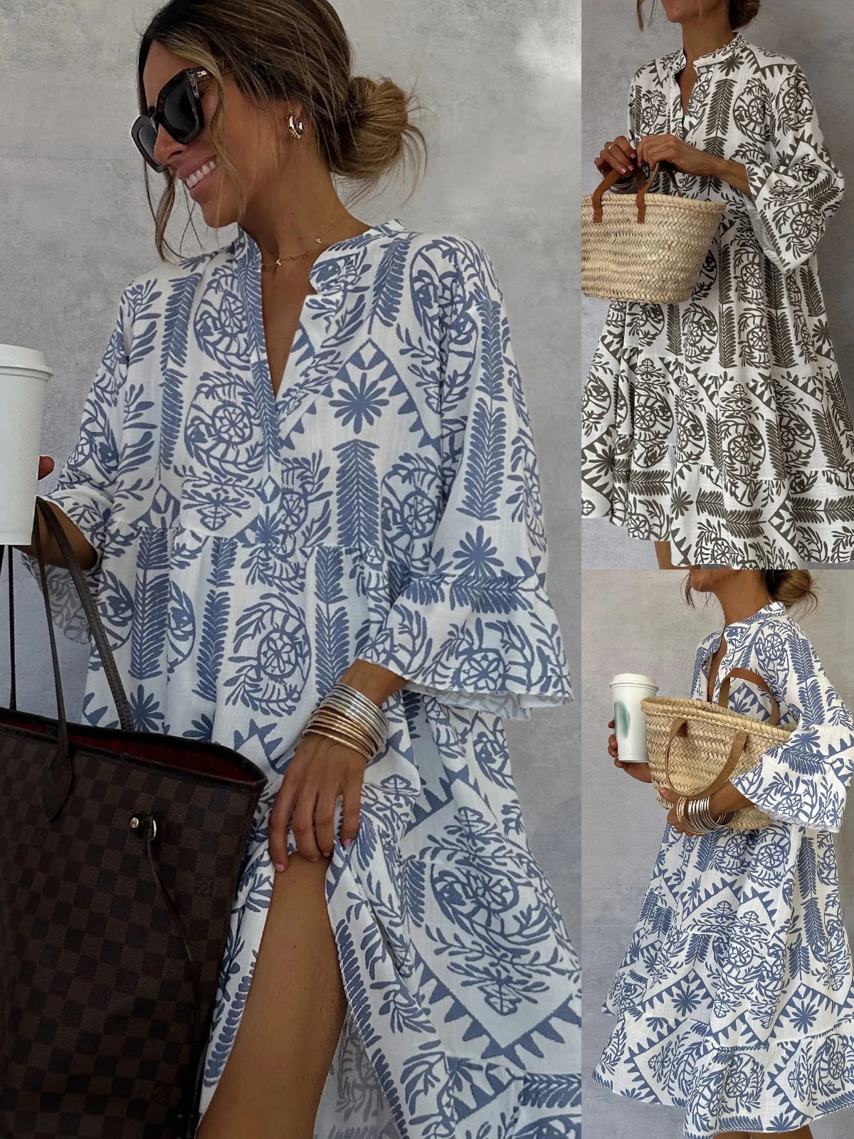 Casual Bohemian Style Print Dresses Women Fashion V-neck Loose Slit Beach Vacation Dress Spring Summer Beachwear Vestidos Female