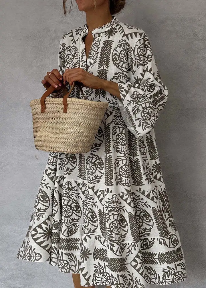 Casual Bohemian Style Print Dresses Women Fashion V-neck Loose Slit Beach Vacation Dress Spring Summer Beachwear Vestidos Female