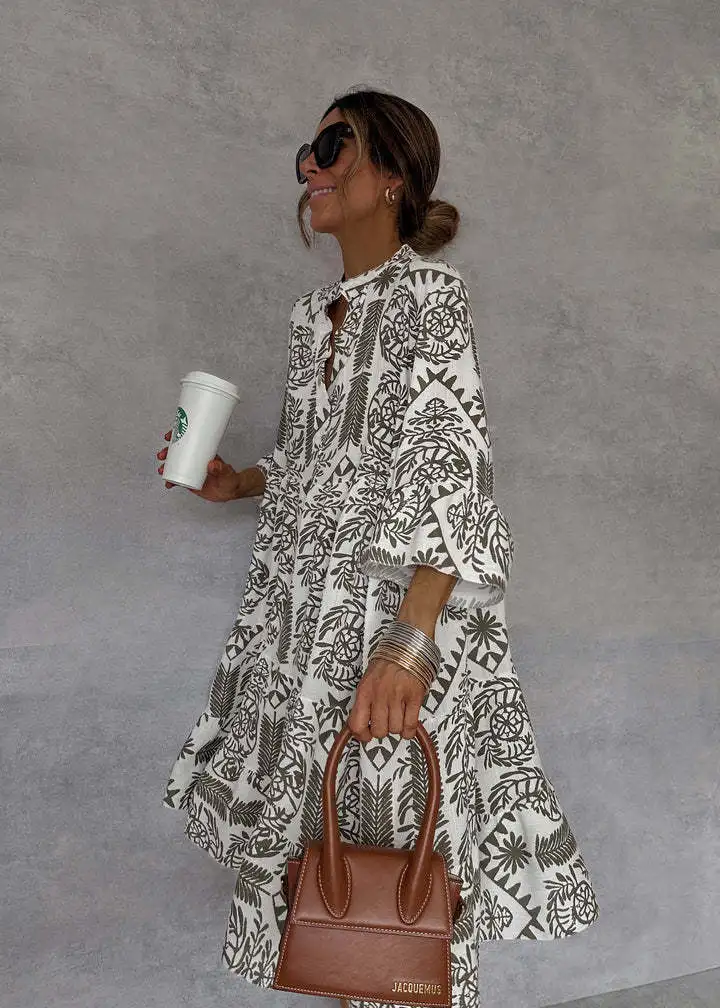 Casual Bohemian Style Print Dresses Women Fashion V-neck Loose Slit Beach Vacation Dress Spring Summer Beachwear Vestidos Female
