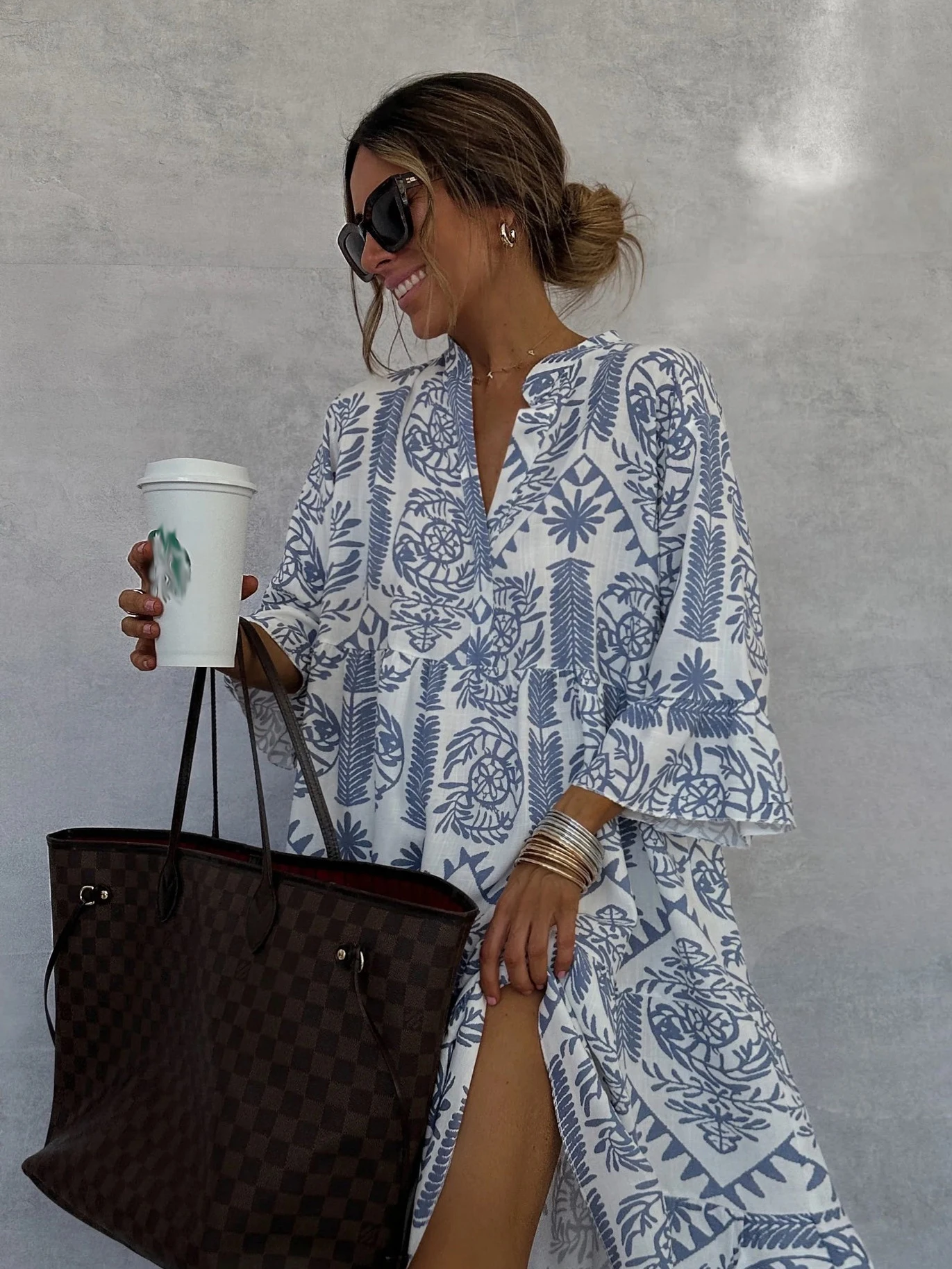Casual Bohemian Style Print Dresses Women Fashion V-neck Loose Slit Beach Vacation Dress Spring Summer Beachwear Vestidos Female