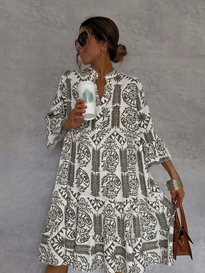 Casual Bohemian Style Print Dresses Women Fashion V-neck Loose Slit Beach Vacation Dress Spring Summer Beachwear Vestidos Female