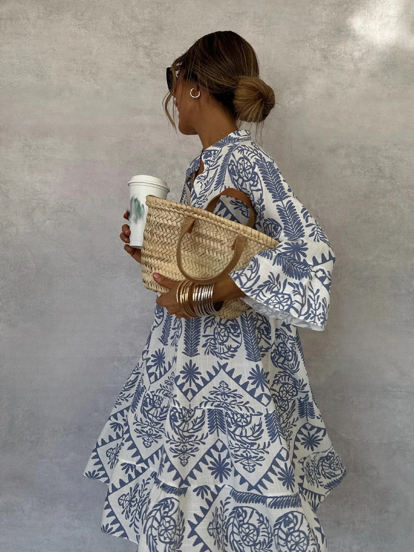 Casual Bohemian Style Print Dresses Women Fashion V-neck Loose Slit Beach Vacation Dress Spring Summer Beachwear Vestidos Female