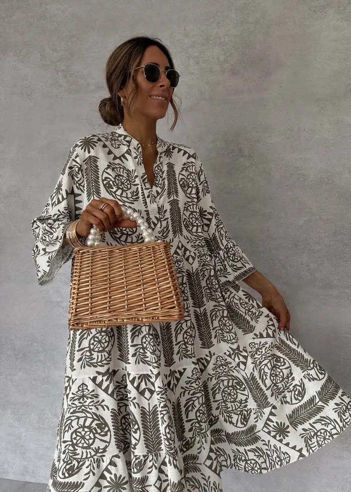 Casual Bohemian Style Print Dresses Women Fashion V-neck Loose Slit Beach Vacation Dress Spring Summer Beachwear Vestidos Female